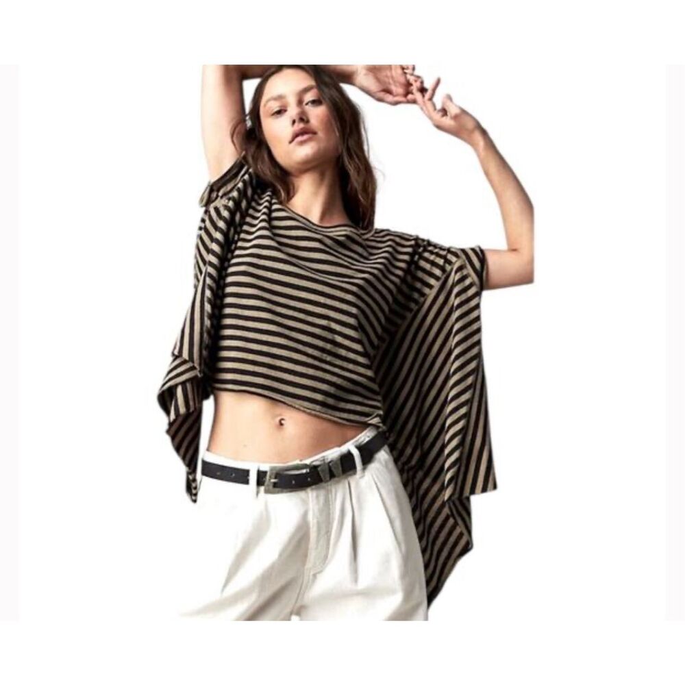 Free People X We The Free Angel Striped Tee black tan XS NEW